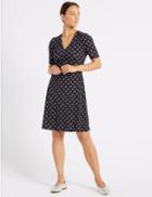 Marks & Spencer Floral Print Jersey Half Sleeve Tea Dress Navy Mix