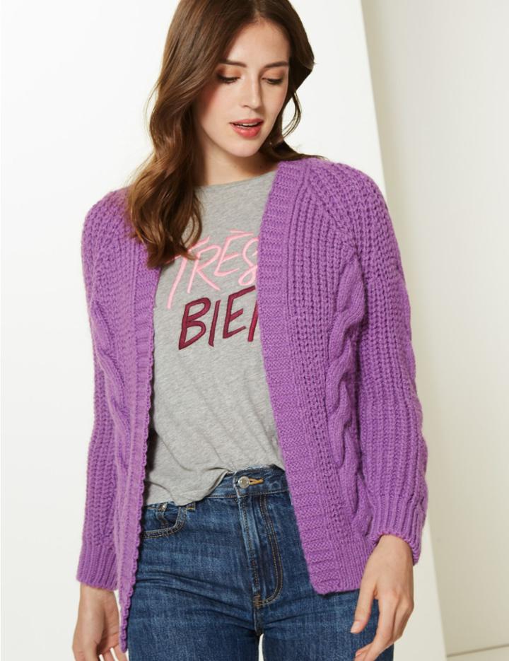 Marks & Spencer Cable Knit Open Front Cardigan Amethyst