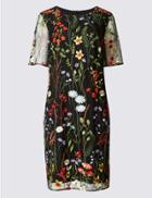 Marks & Spencer Embroidered Floral Half Sleeve Shift Dress Black Mix