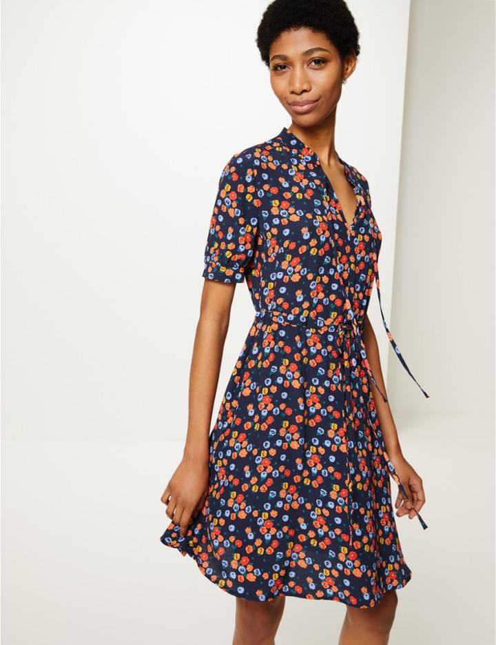 Marks & Spencer Floral Print Waisted Mini Dress Navy Mix
