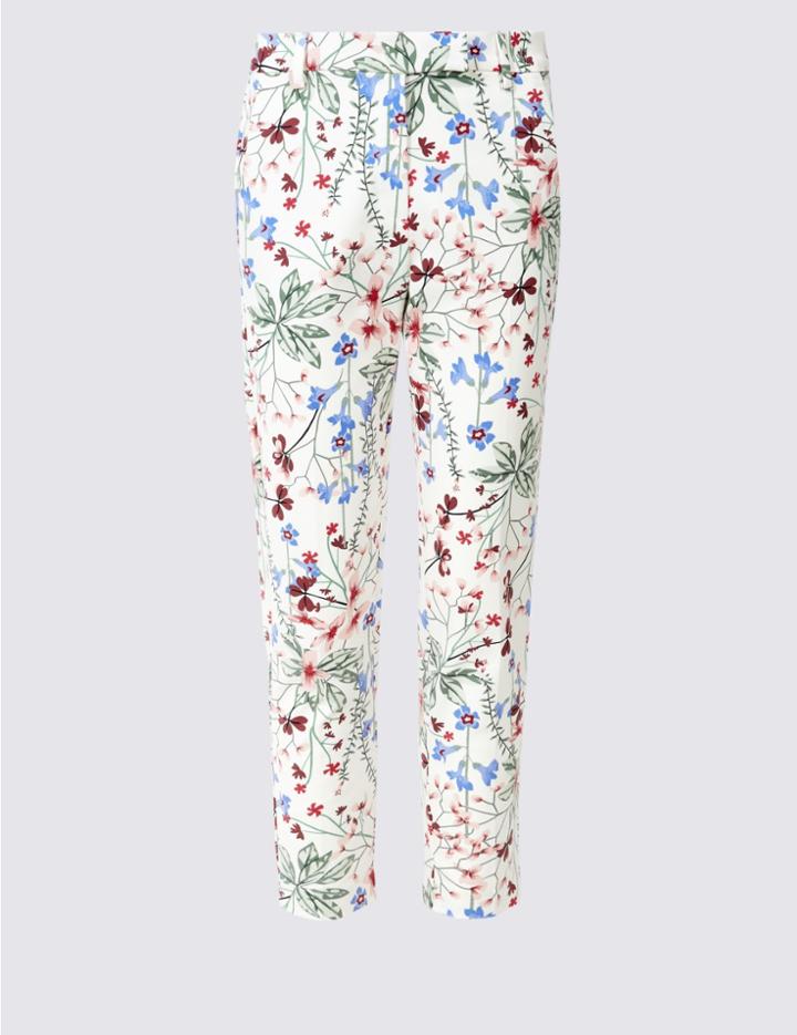 Marks & Spencer Cotton Rich Floral Print Slim Leg Trousers Ivory Mix