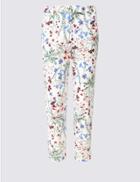 Marks & Spencer Cotton Rich Floral Print Slim Leg Trousers Ivory Mix