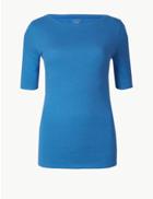 Marks & Spencer Pure Cotton Boat Neck Short Sleeve T-shirt Azure Blue