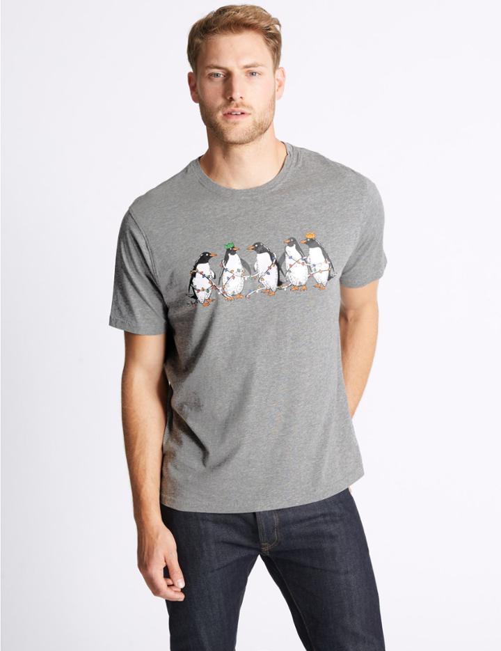 Marks & Spencer Pure Cotton Printed Crew Neck T-shirt Grey Marl