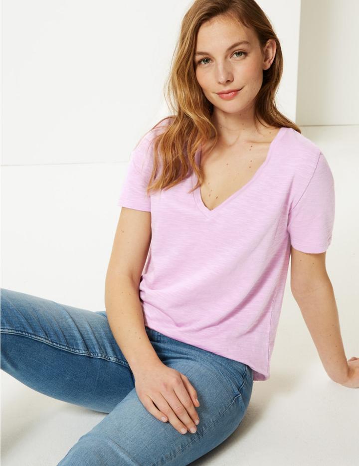 Marks & Spencer Cotton Rich V-neck Straight Fit Slub T-shirt Pale Mauve