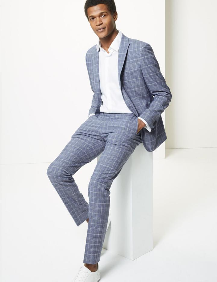 Marks & Spencer Blue Checked Skinny Fit Trousers Blue