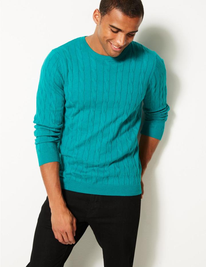 Marks & Spencer Cotton Cashmere Cable Knit Jumper Emerald