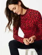 Marks & Spencer Animal Print Funnel Neck Long Sleeve Top Red Mix