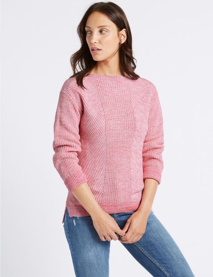 Marks & Spencer Pure Cotton Cable Knit Slash Neck Jumper Bright Pink