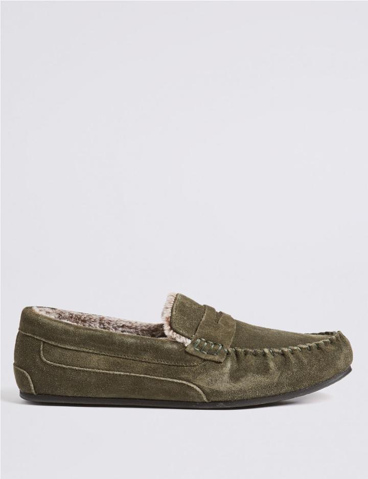 Marks & Spencer Suede Slip-on Slippers With Freshfeet&trade; Khaki