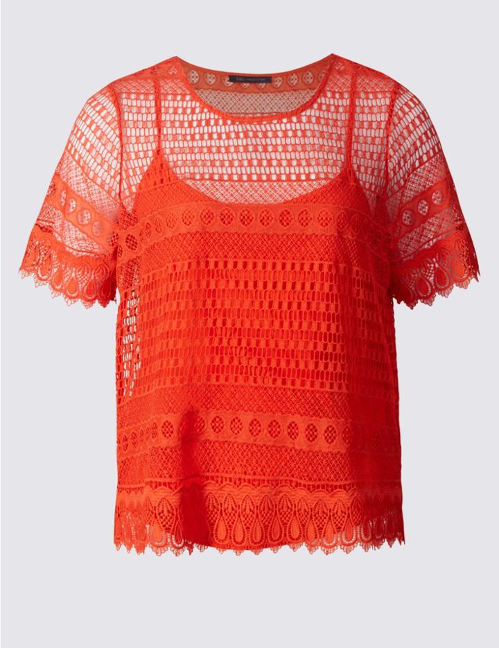 Marks & Spencer Plus All Over Lace Short Sleeve Jersey Top Bright Orange