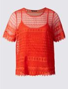 Marks & Spencer Plus All Over Lace Short Sleeve Jersey Top Bright Orange