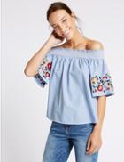 Marks & Spencer Embroidered Sleeve Striped Bardot Top Blue Mix