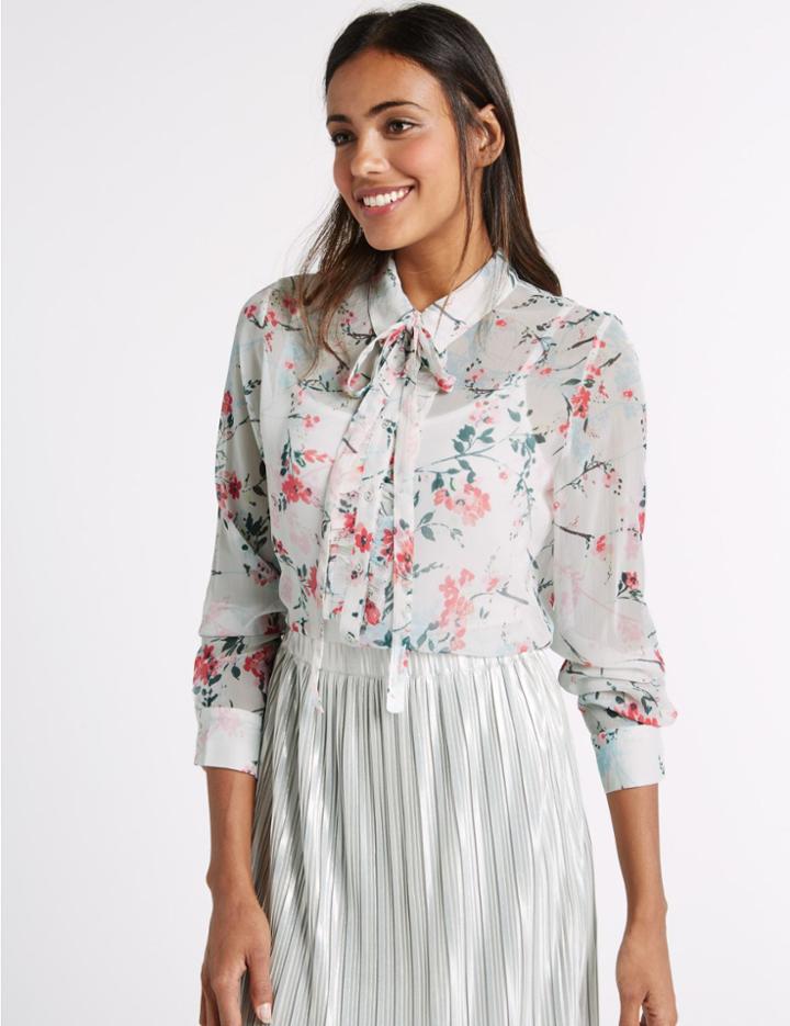 Marks & Spencer Floral Print Ruffle Long Sleeve Shirt Ivory Mix
