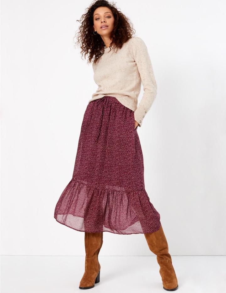 Marks & Spencer Floral Tiered Midi Skirt Magenta Mix