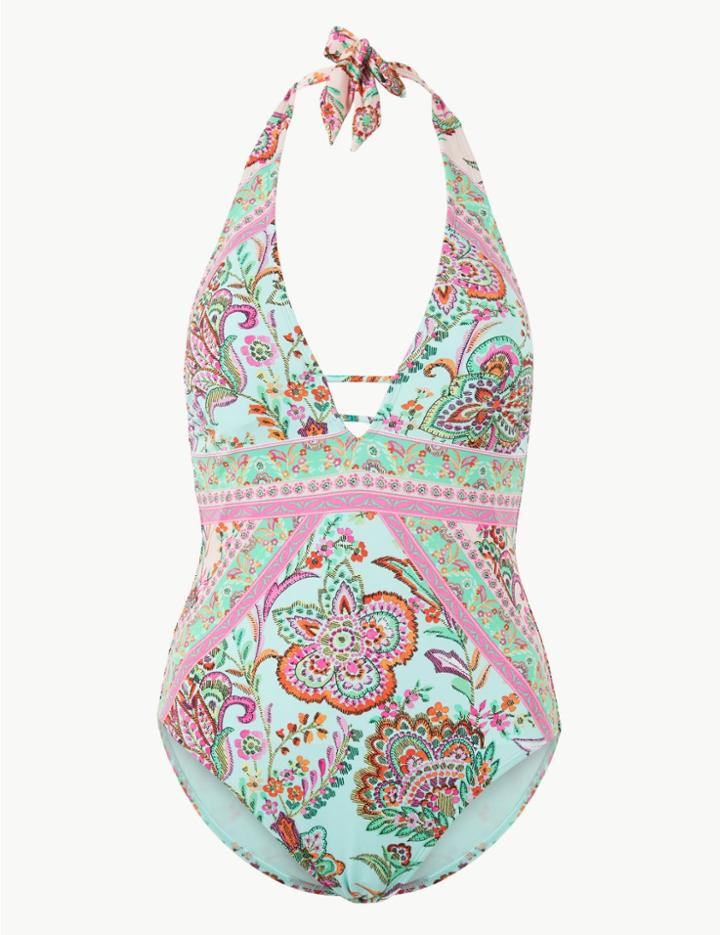 Marks & Spencer Secret Slimming&trade; Paisley Print Plunge Swimsuit Green Mix