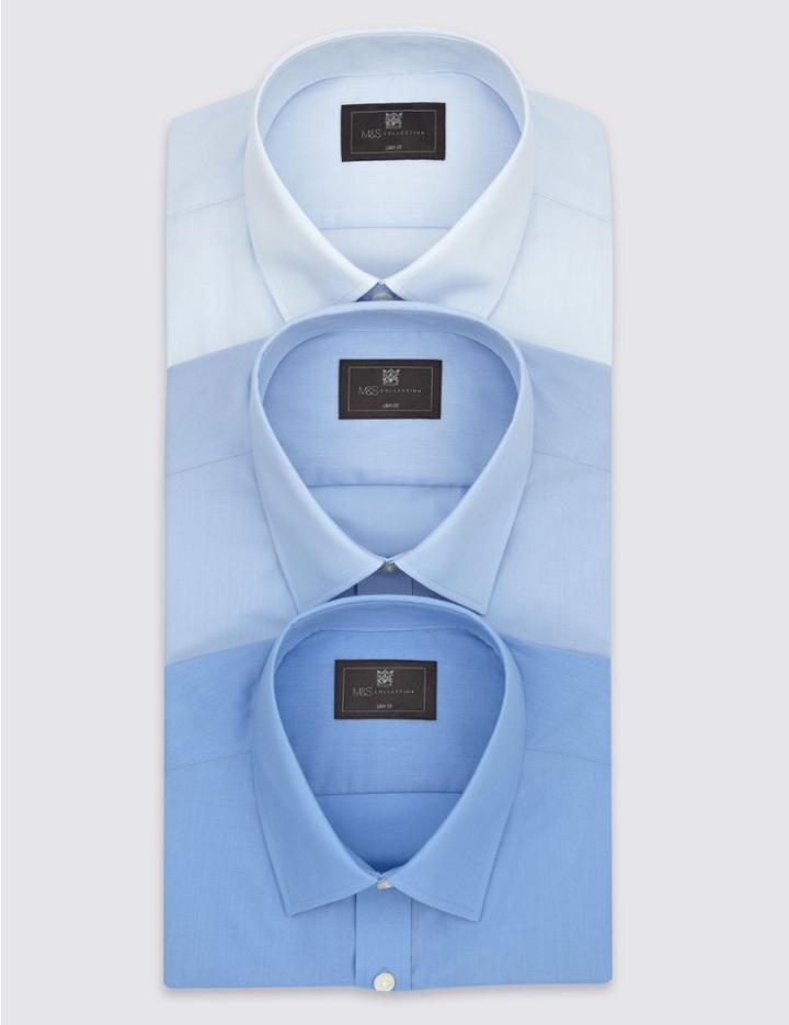 Marks & Spencer 3 Pack Cotton Blend Slim Fit Shirts Blue