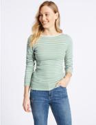 Marks & Spencer Cotton Blend Striped Slash Neck Rib T-shirt Green Mix