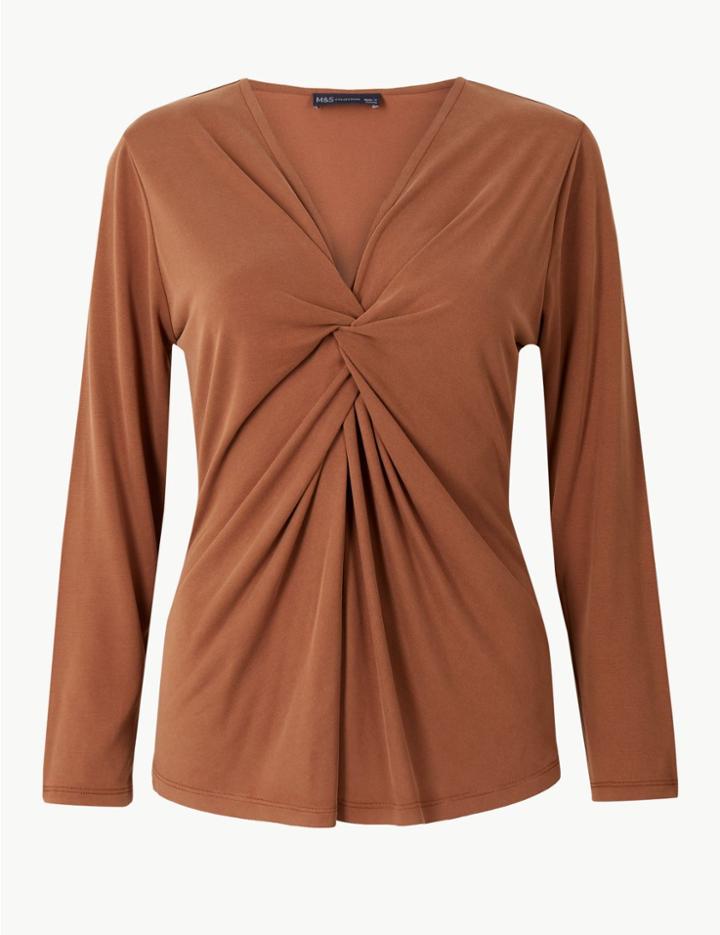 Marks & Spencer Twisted Front V-neck Long Sleeve Top Tan