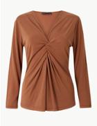 Marks & Spencer Twisted Front V-neck Long Sleeve Top Tan