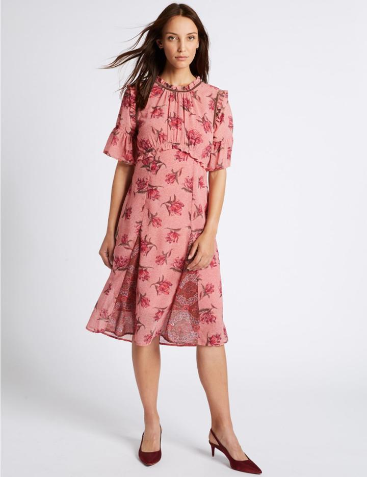 Marks & Spencer Floral Print Ruffle Half Sleeve Midi Dress Pink Mix
