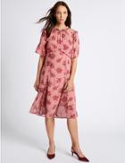 Marks & Spencer Floral Print Ruffle Half Sleeve Midi Dress Pink Mix