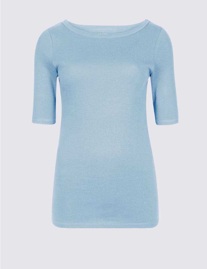 Marks & Spencer Pure Cotton Slash Neck Half Sleeve T-shirt Chambray