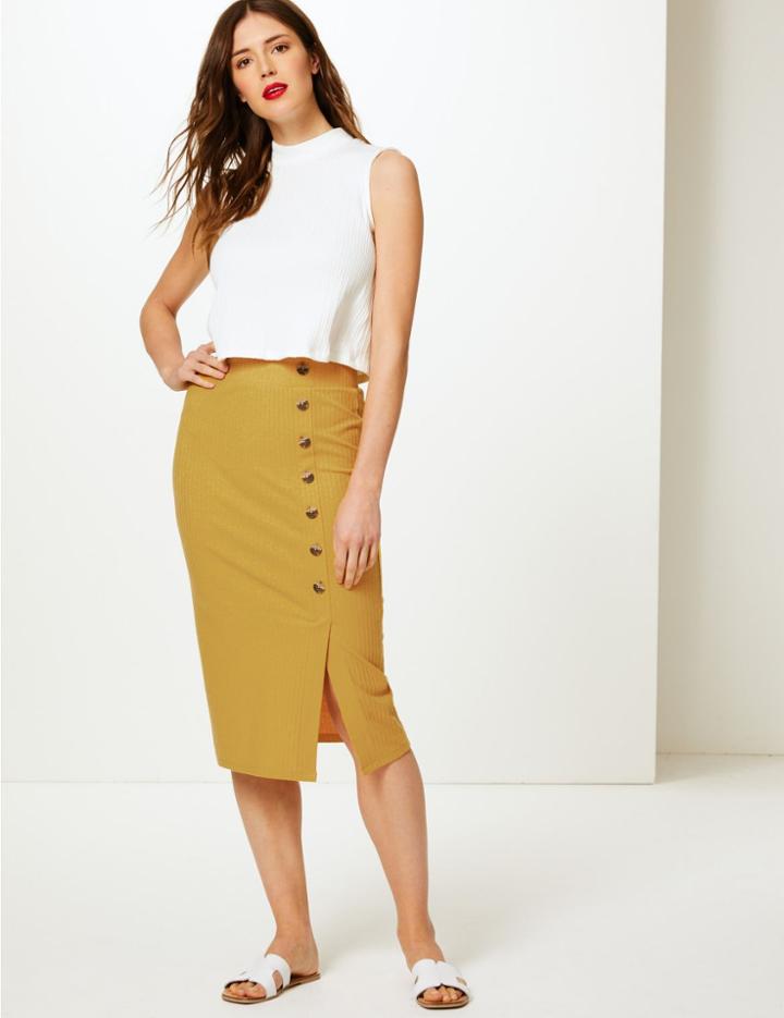 Marks & Spencer Ribbed Jersey A-line Midi Skirt Ochre