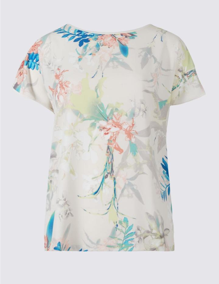 Marks & Spencer Floral Print Short Sleeve Jersey Top Ivory Mix