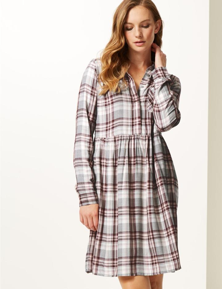 Marks & Spencer Checked Long Sleeve Drop Waist Dress Natural Mix