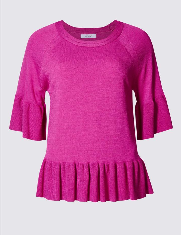 Marks & Spencer Frill Detail Round Neck Half Sleeve Jumper Fuchsia