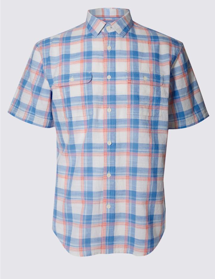 Marks & Spencer Pure Cotton Checked Shirt With Pockets Poppy Mix