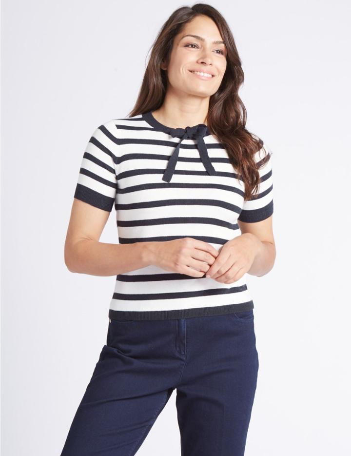 Marks & Spencer Striped Bow Detail Round Neck Jumper Navy Mix