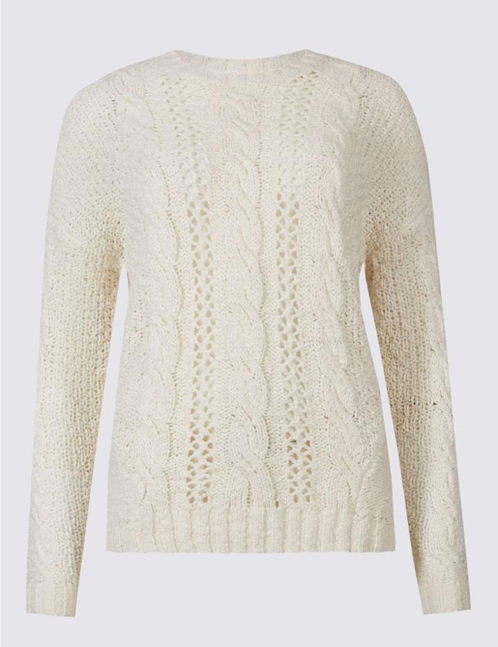 Marks & Spencer Cotton Rich Textured Round Neck Jumper Cream