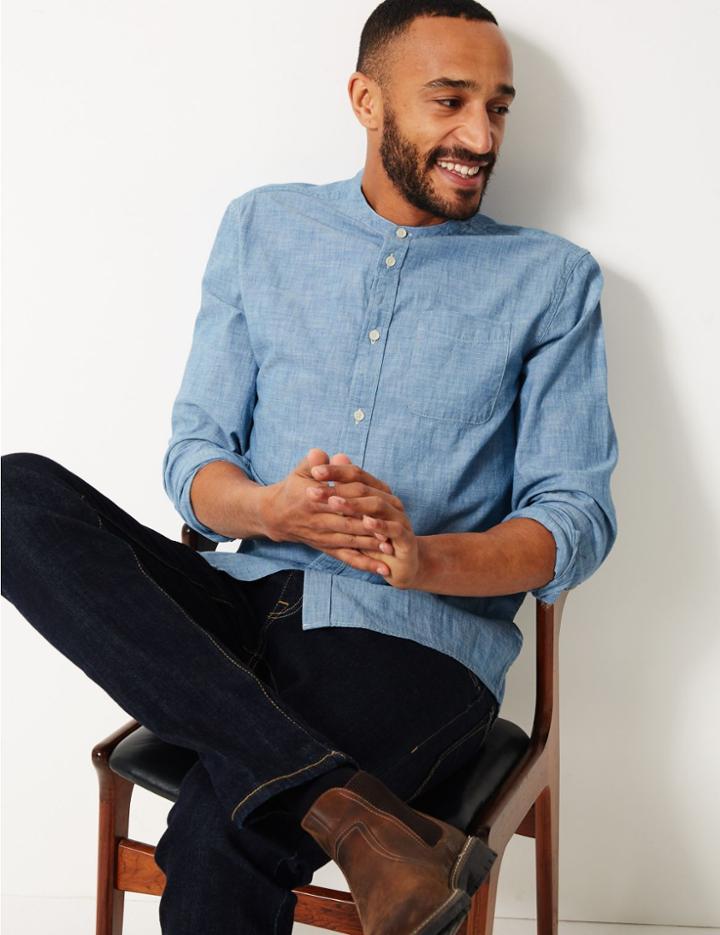Marks & Spencer Pure Cotton Shirt With Pocket Light Chambray