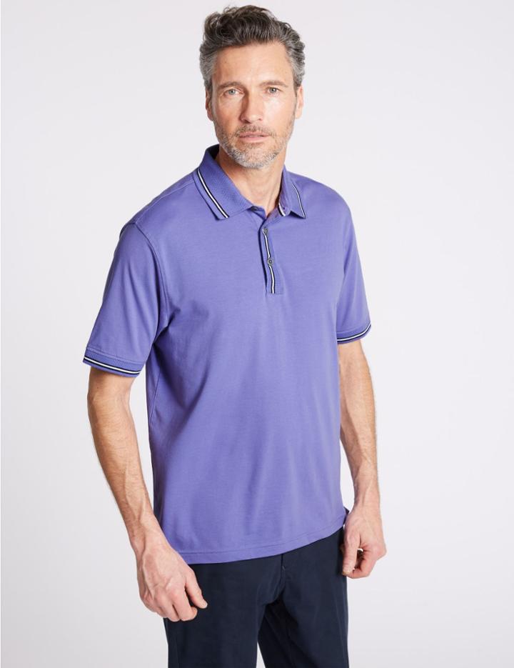 Marks & Spencer Cotton Rich Striped Polo Shirt Mauve