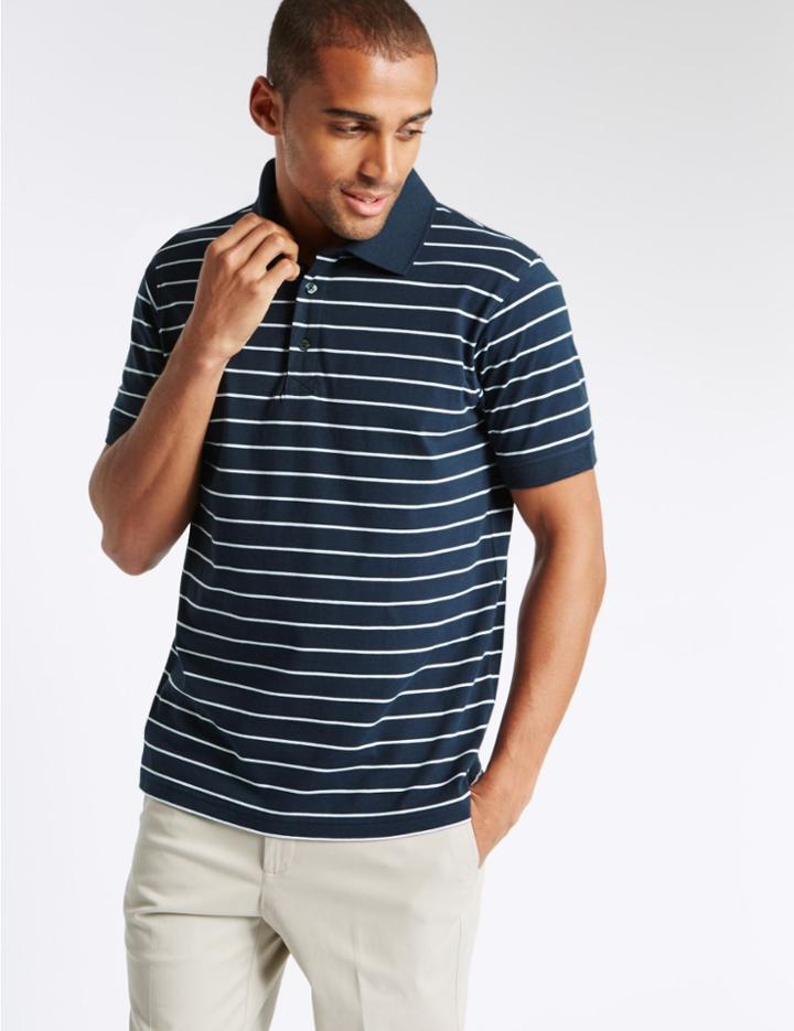 Marks & Spencer Slim Fit Pure Cotton Striped Polo Shirt Navy Mix