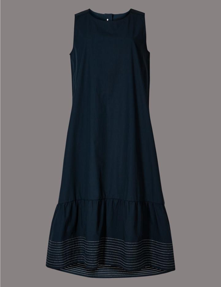 Marks & Spencer Pure Cotton Stitch Detail Peplum Midi Dress Navy