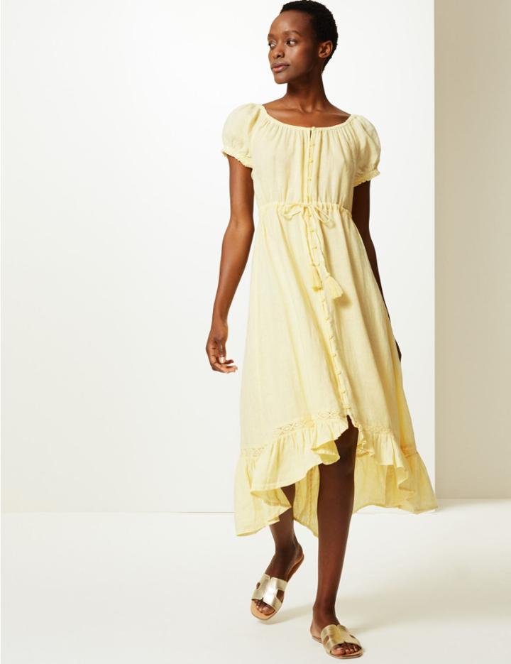 Marks & Spencer Pure Linen Waisted Midi Dress Soft Yellow