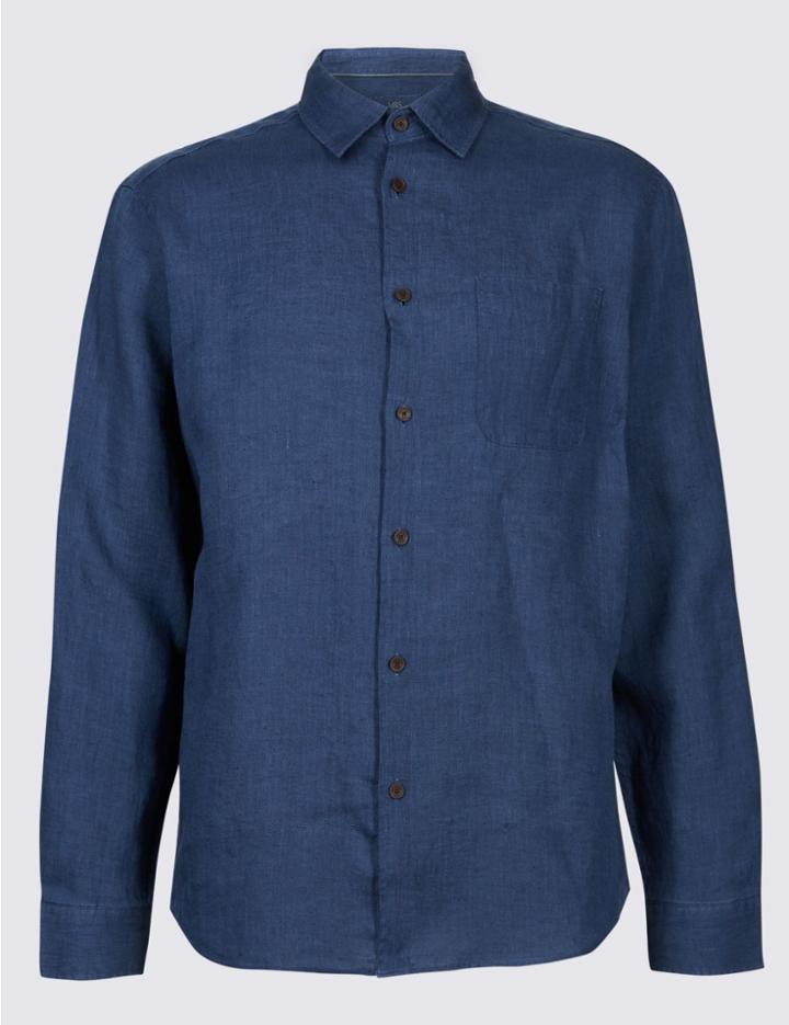 Marks & Spencer Easy Care Pure Linen Shirt With Pocket Dark Blue Denim