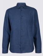 Marks & Spencer Easy Care Pure Linen Shirt With Pocket Dark Blue Denim