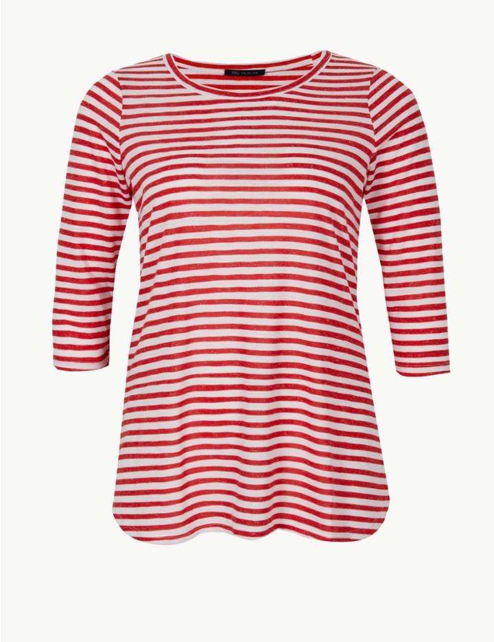 Marks & Spencer Curve Striped Round Neck 3/4 Sleeve T-shirt Red Mix