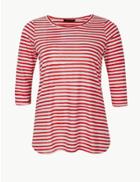 Marks & Spencer Curve Striped Round Neck 3/4 Sleeve T-shirt Red Mix