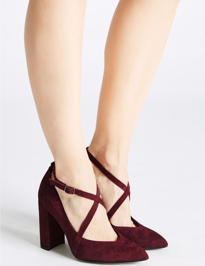 Marks & Spencer Leather Block Heel Cross Strap Court Shoes Berry