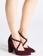 Marks & Spencer Leather Block Heel Cross Strap Court Shoes Berry