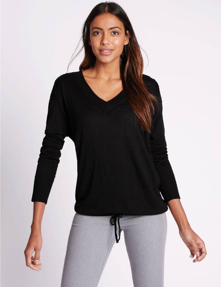 Marks & Spencer Lace Shoulder V-neck Long Sleeve Jumper Black