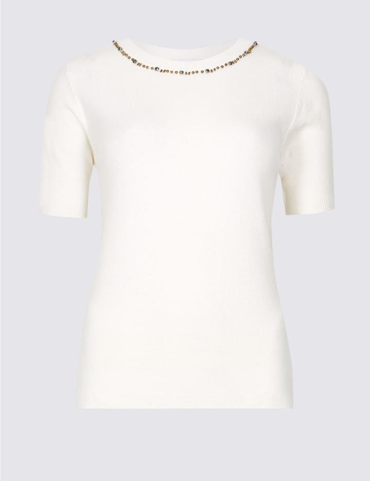 Marks & Spencer Embellished Round Neck Short Sleeve Jumper Cream