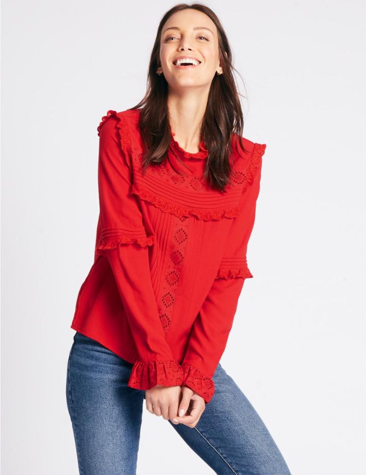 Marks & Spencer Ruffle Round Neck Long Sleeve Blouse Lacquer Red