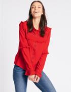 Marks & Spencer Ruffle Round Neck Long Sleeve Blouse Lacquer Red