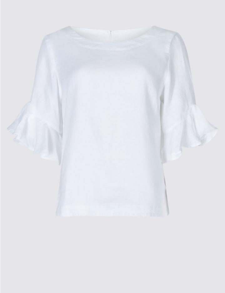Marks & Spencer Petite Pure Linen Ruffle Sleeve Blouse White